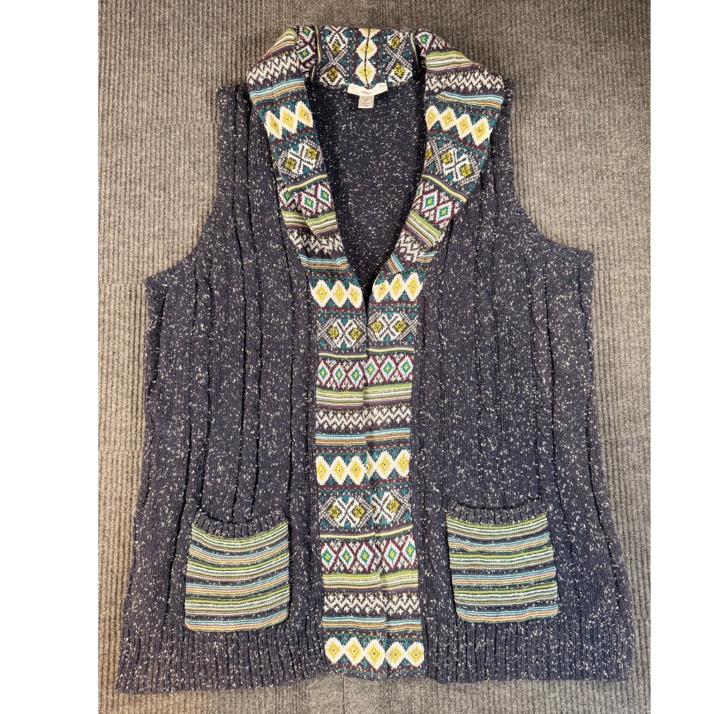 CJ Banks Womens 2X Navy Blue Marled Fair Isle Shawl Collar Knit Vest Open Front